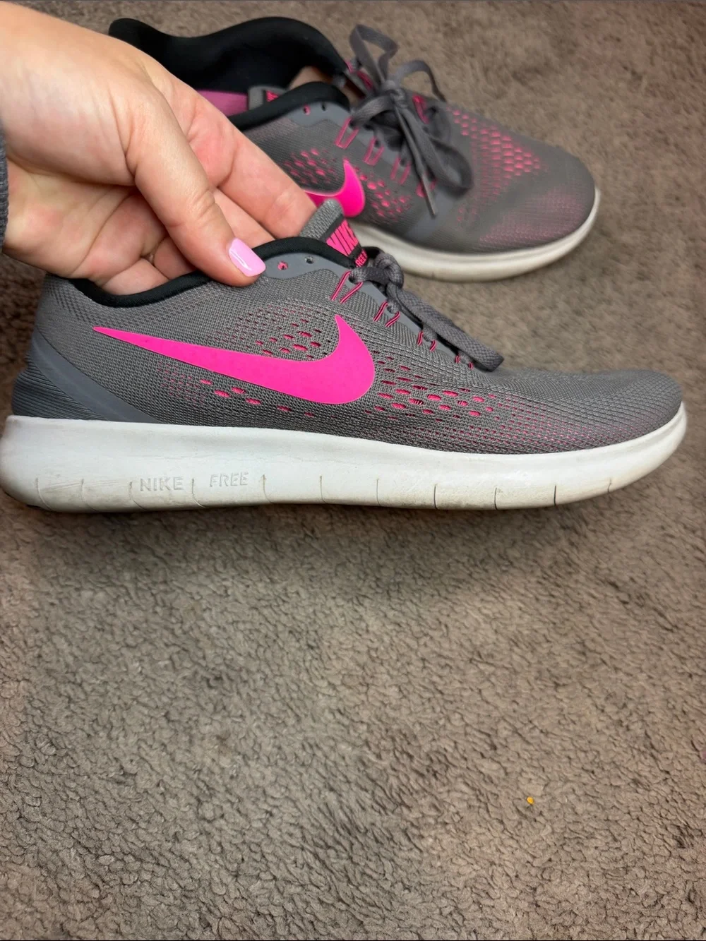 Nike Gray Athletic Sneakers with Pink Swoosh